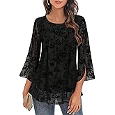 Viracy Womens Dressy Tops Crewneck 3/4 Sleeve Tunic Tops Pleated Front Double Layers Elastic Mesh Casual Flowy Work Shirts