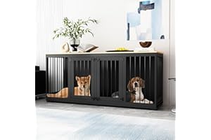 DAWNSPACES Dog Crate Furniture 71" Heavy Duty Wooden Large Dog Kennel with Removable Divider & 2 Trays, Indoor Furniture Style Dog Crate House with Double Rooms for Large Medium Small Dogs, Black