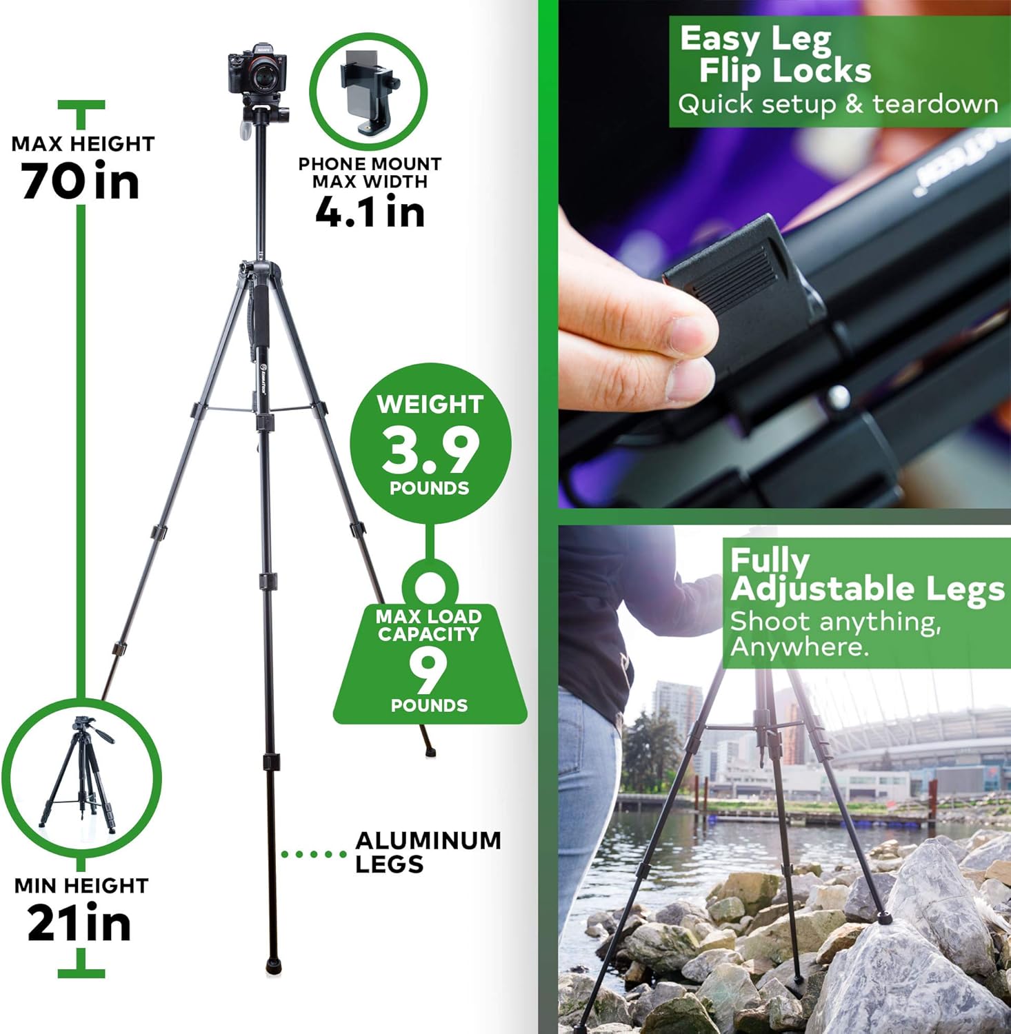 KobraTech 70 Inch Tripod for Phone and Camera - Apex A70 Tripod – Camera Tripod Stand with Bluetooth Remote Shutter, Phone Tripod Mount & Monopod : Camera & Photo