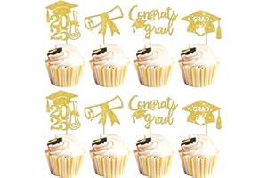 Rsstarxi 36 Pack Class of 2025 Graduation Cupcake Toppers Glitter 2025 Grad Cap Diploma Congrats Grad Cupcake Picks for 2025 Graduation Theme Party Cake Decorations Gold