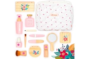 UMU® Wooden Pretend Makeup Kit for Toddlers – Realistic Toy Beauty Set for Girls with Lipstick, Mirror, Perfume, Powder & Cosmetic Bag – Play Makeup for Kids Ages 3 4 5 6