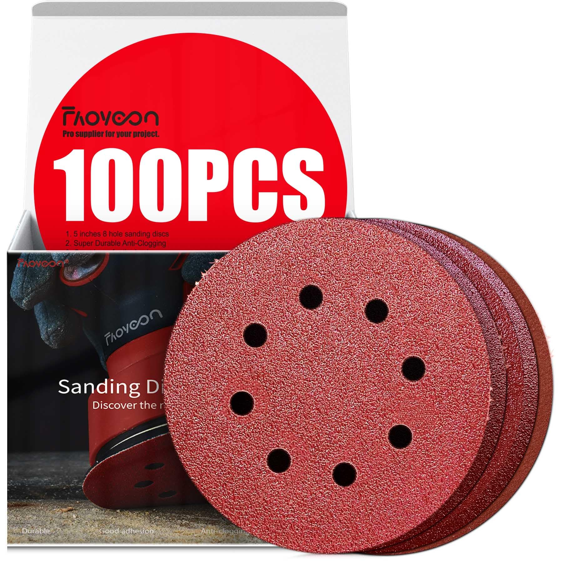 Photo 1 of Faoyoon Sanding Disc 5 Inch 8 Hole, 100 Pcs Orbital Sanding Discs Hook and Loop, Sandpaper for Wood, 40 60 80 120 220 Grit Sand Paper for Random Orbital Sander