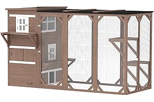 PawHut Wooden Cat Catio, 76" L Walk in Outdoor Cat House with Asphalt Roof, Platforms, Lockable Doors, 3-Tier Resting Condo, 