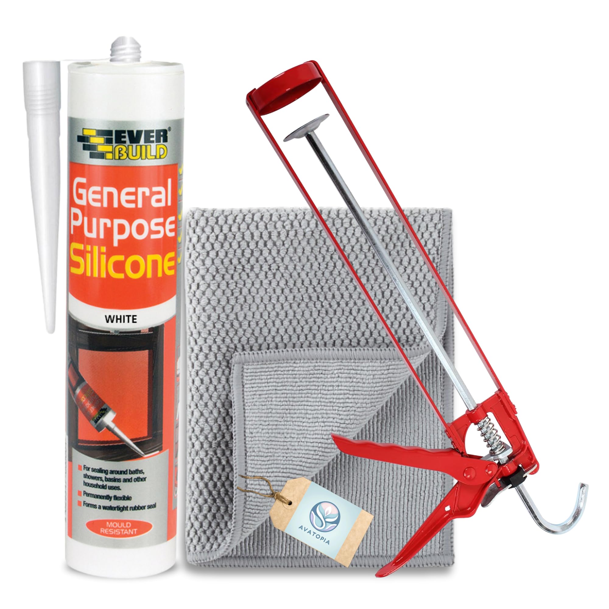 Everbuild General Purpose Silicone Sealant White 280ml, Pro Dec Strong Skeleton Caulking Gun & Microfibre Cloth, Waterproof White for Bathroom, Kitchen & Outdoor, Anti-Mould Silicone Sealant