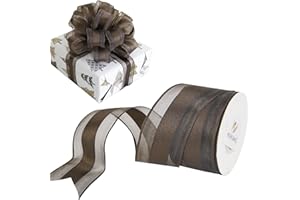 HUIHUANG Brown Sheer Wired Ribbon with Satin Stripe 1-1/2" Brown Christmas Ribbon for Tree, Bows Making, Wreaths, Garland, Gift Wrapping, Wedding Decor, Thanksgiving Decor-Continous 10 Yards