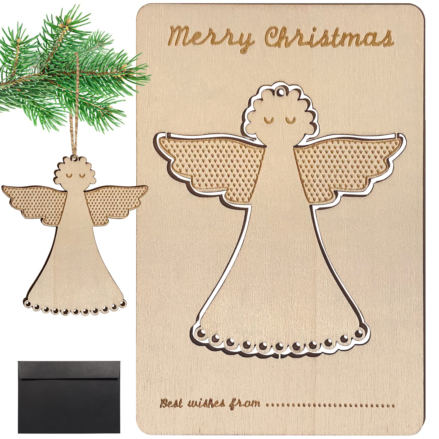 Lukata Premium Wooden Card with Pop-Out Angel & Envelope, Merry Christmas Card For Friends & Family, Hanging tree decorations, Linen Thread