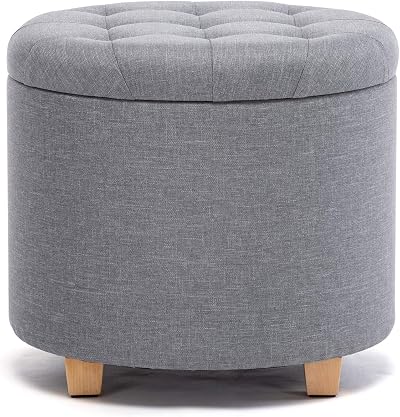 HNNHOME 45cm Round Linen Storage Ottoman Footstool Pearl River