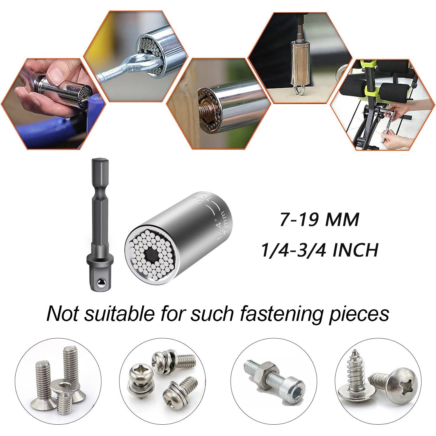 Elivern Universal Socket Set 7-19mm(1/4-3/4 inch),Universal Socket Wrench Adapter Fool Sleeve Piece,Professional Repair Tools(Silver)