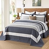 DUOHONG 120"x120" Oversized Bedspread - 100% Cotton, Striped Pattern California King Extra Large Quilt, Cal King XL Bed Spread Lightweight Comforter, 3pcs, Grayish-Blue/Gray/White