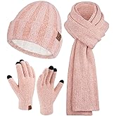 Womens Winter Warm Knit Beanie Hat Touchscreen Gloves Long Neck Scarf Set with Fleece Lined Skull Caps Gifts for Women