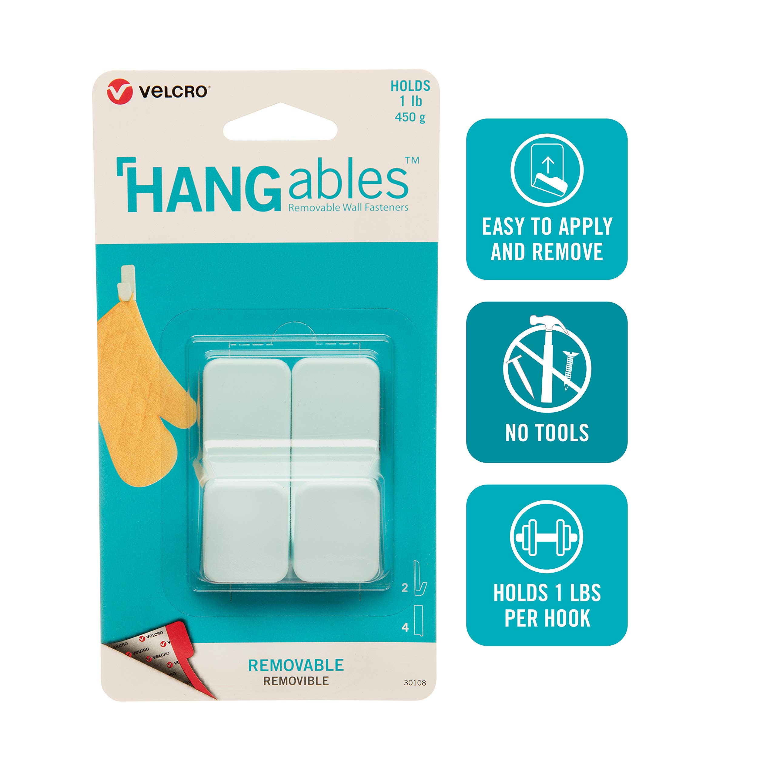 VELCRO Brand HANGables Removable Wall Hooks | Easy-to-Remove Wall Fasteners | Damage-Free, Non-Permanent Hooks for Lightweight Items | Small, Holds 1 lb, Aqua, 2-Pack