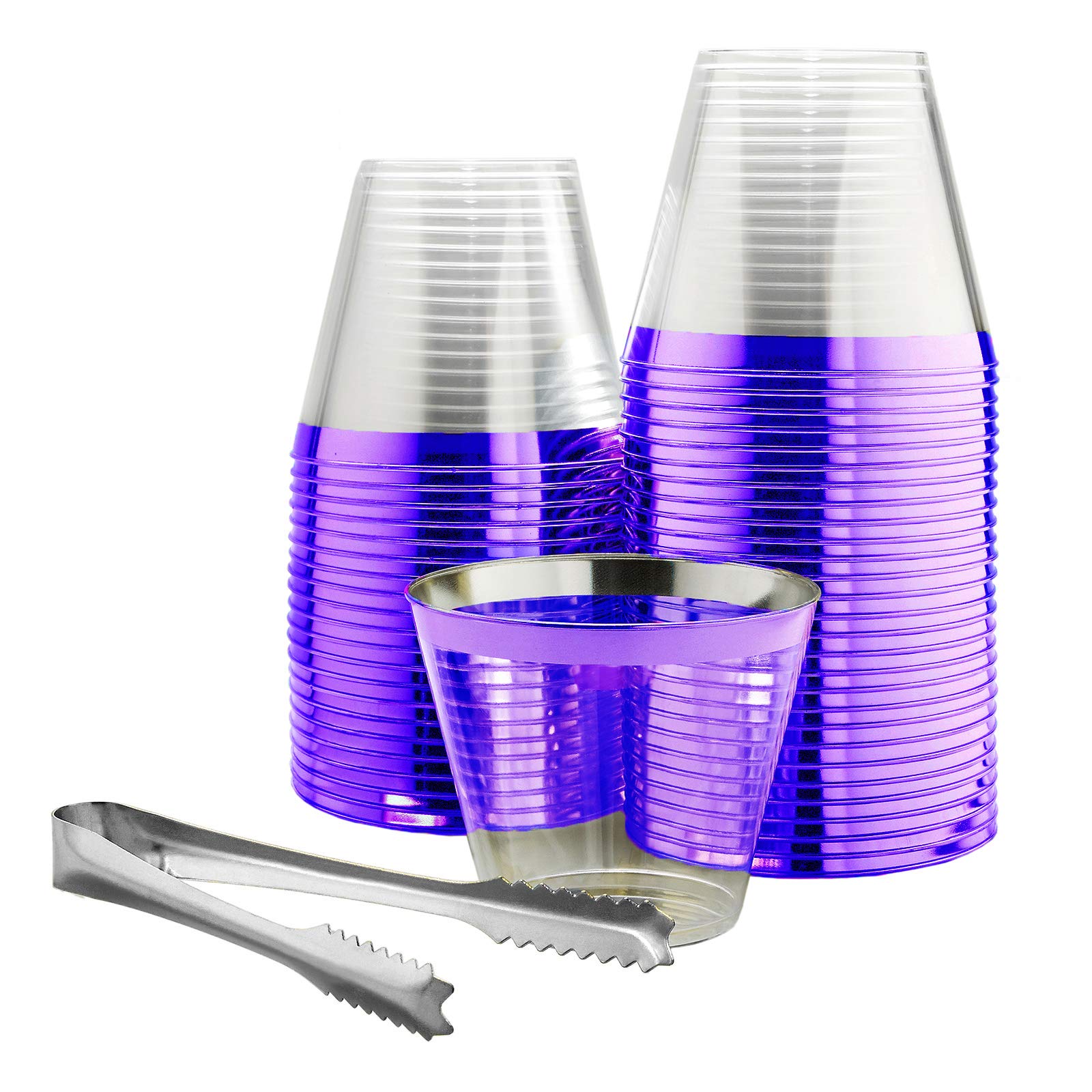 Photo 1 of 100 Purple Rimmed Plastic Cups and 1 Silver Ice Tong Set - 9 Ounce Disposable Wine Glasses - Fancy Clear Plastic Cups - Mermaid Party Supplies