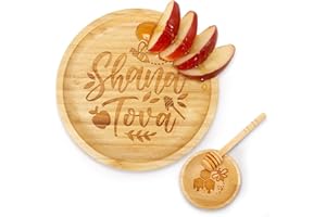 Huray Rayho Rosh Hashanah Apple Plate Set Shana Tova Apple and Honey Dish with Dipper Rosh New Year Hostess Gift Idea Shana Tova Bamboo Wood Server Tray Holiday Party Table Decorations