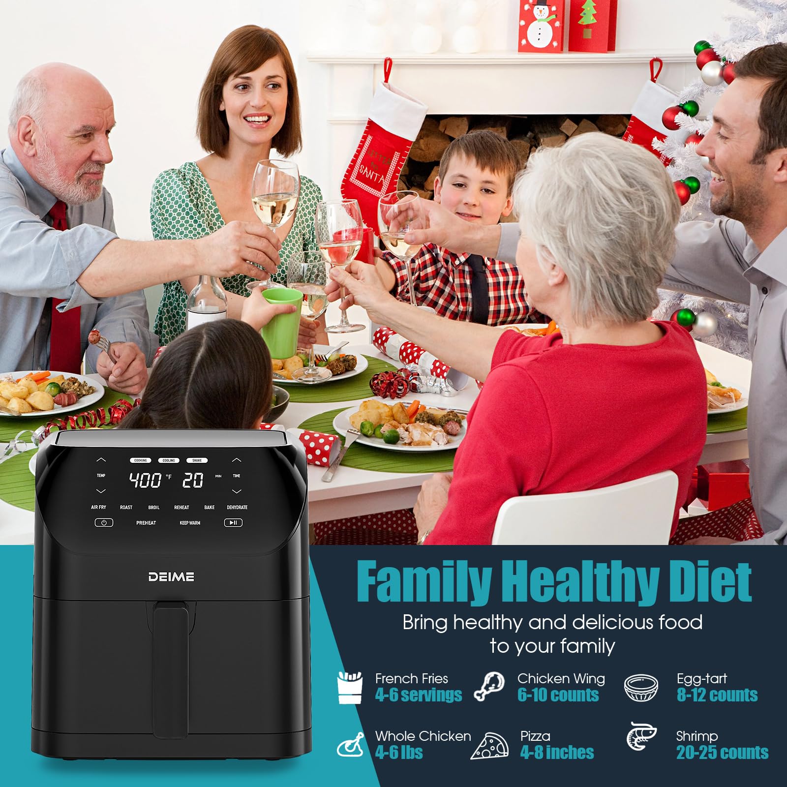 Freidora de aire 6.2 QT Freidoras de aire caliente sin aceite de gran capacidad Horno 1500 W Cocina saludable con 8 preajustes, pantalla táctil LCD digital, ventana de cocción visual, cesta antiadherente, receta incluida (Negro-M)