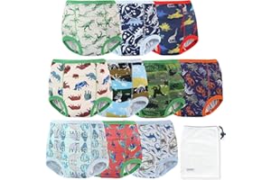 EZ Moms 10 Packs Reusable Potty Training Underwear for Boys Double Absorption Toddler Training Pants 2T-3T High Waist Dinosaur Toddler Underwear Boys 2T Kid Confident Pee Pants with a Laundry Bag