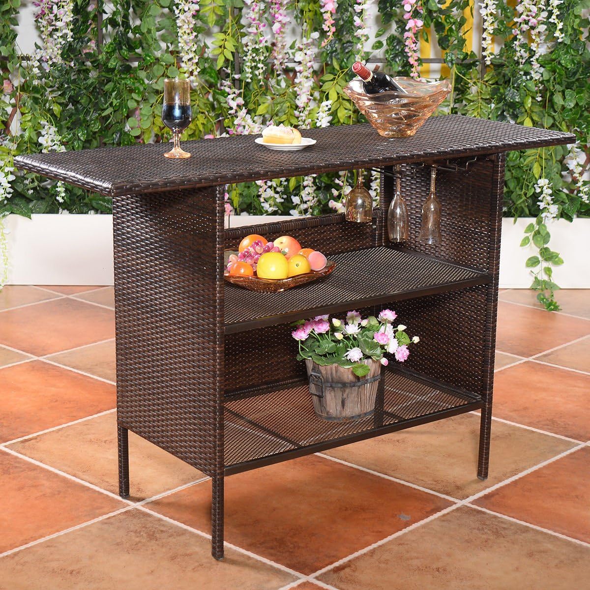 Giantex Outdoor Patio Rattan Wicker Bar Counter Table with 2 Steel Shelves, 2 Sets of Rails Garden Patio Furniture, 55.1"X18.5"X36.2"(LXWXH), Brown: Kitchen & Dining