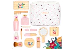UMU® Wooden Pretend Makeup Kit for Toddlers – Realistic Toy Beauty Set for Girls with Lipstick, Mirror, Perfume, Powder & Cosmetic Bag – Play Makeup for Kids Ages 3 4 5 6