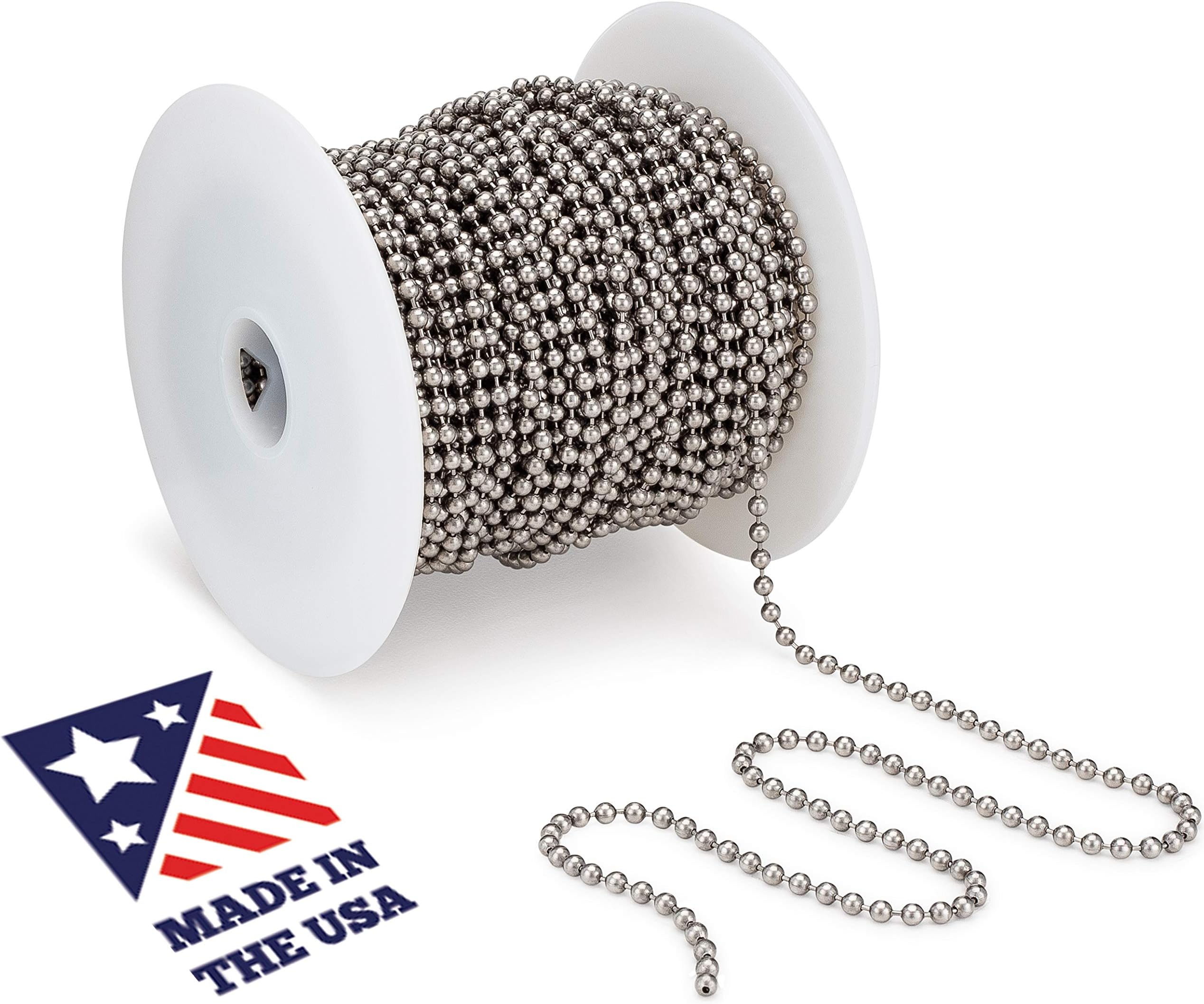 Beaded Ball #6 Chain 3.2mm - Stainless Steel (SS) 100 Feet Spool, Plumbing and Industrial Equipment Labeling, Commercial Retaining Applications and Vertical Blinds USA Made