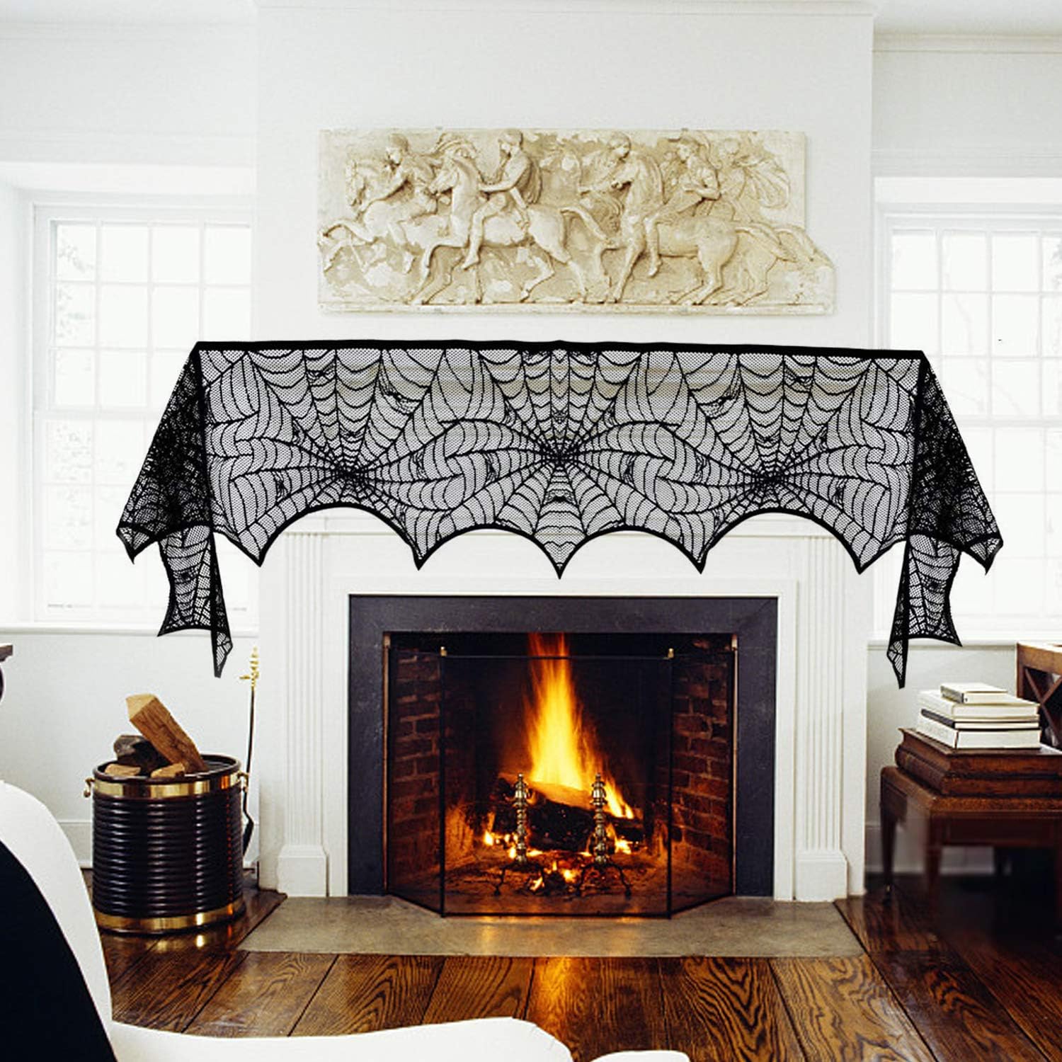 Beeager 5 Pack Halloween Spider Decorations Sets -Halloween Fireplace Mantel Scarf & Round Table Cover & Lace Table Runner & Cobweb Lampshade & 60 pcs Scary 3D Bat for Halloween Party Decors: Furniture & Decor