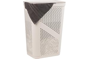 Mind Reader Slim Laundry Hamper with Lid, 60L Clothes Basket, Ventilated Plastic, 17.25"L x 13.75"W x 23.5"H, Ivory