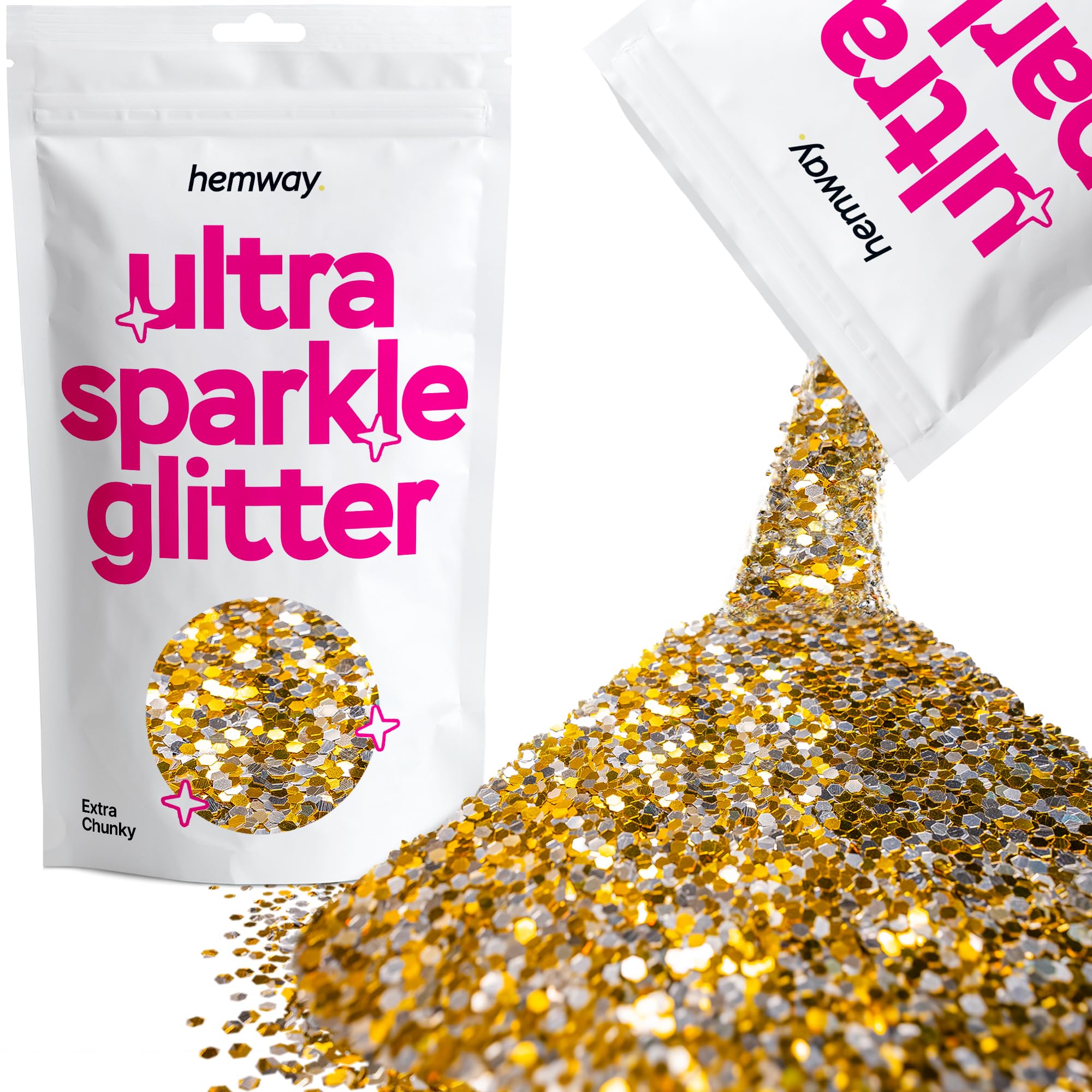 Hemway Ultra Sparkle Glitter Gold Silver 100g Extra Chunky | Glitter for Arts & Craft, Makeup, Nail Art, Crafting, Card Making, Sparkle Decoration