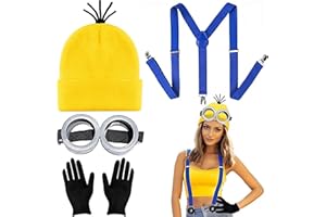 Halloween Costume Accessories Set, 4-Piece Kit with Yellow Beanie, Black Gloves, Blue Suspenders, Goggles