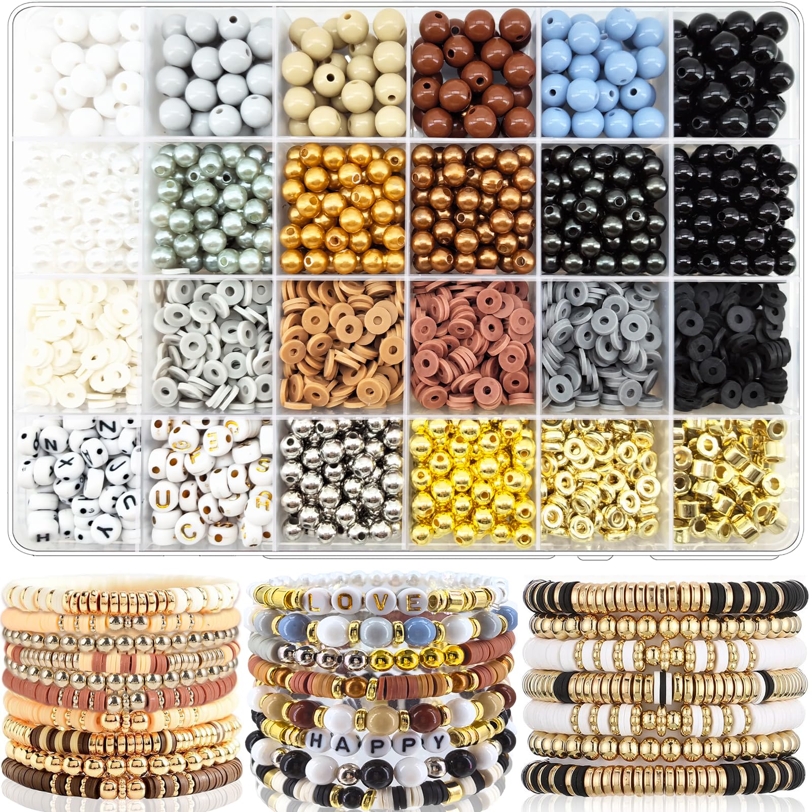 Photo 1 of 2220Pcs White Black Clay Beads Bracelet Making Kit - 6mm Pearl, 8mm Acrylic, Heishi & Letter Spacer Beads for DIY Bracelets & Necklaces