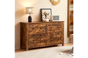VanAcc 6 Drawers Dresser for Bedroom, Farmhouse Wood Chest of Drawers with Vintage Grain Texture, Drawer Double Dresser for Bedroom, Living Room, Hallway, Rustic Brown