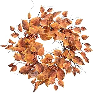 Cloris Art Artificial Fall Wreath Boston Ivy/Berry - 22-24 Inch Yellow Rustic Wreaths for Thanksgiving Farmhouse Wall Decor