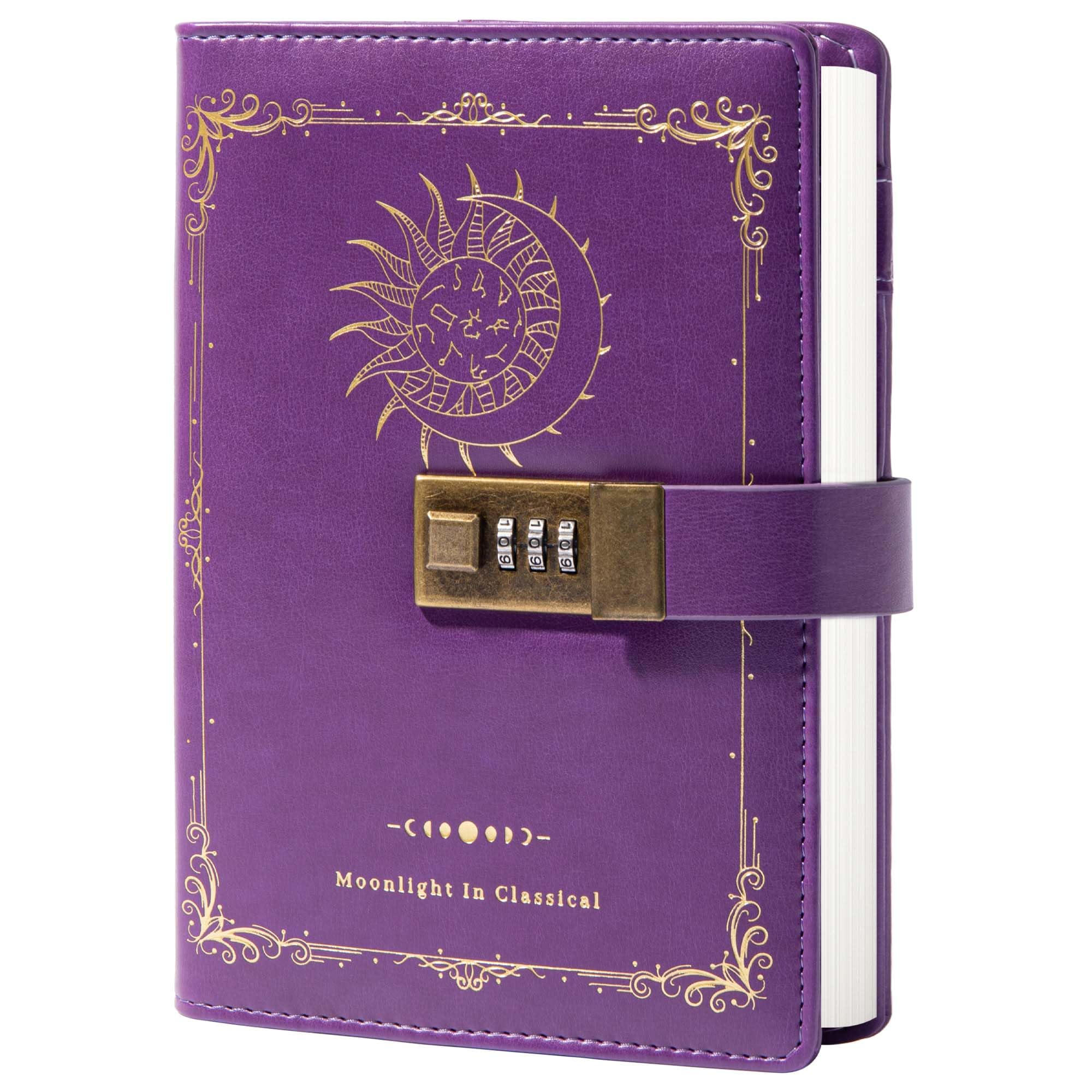 TIEFOSSI Constellation Leather Journal with Lock, Zodiac Moon Sun Diary for Writing, B6 Notebook with Lined Paper for Women & Men (Purple)