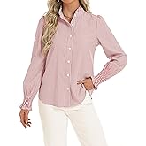 Funlingo Women's Striped Button Down Shirts Long Sleeve Smocked Cuffed Ruffle Collar Blouses Spring Work Business Casual Tops