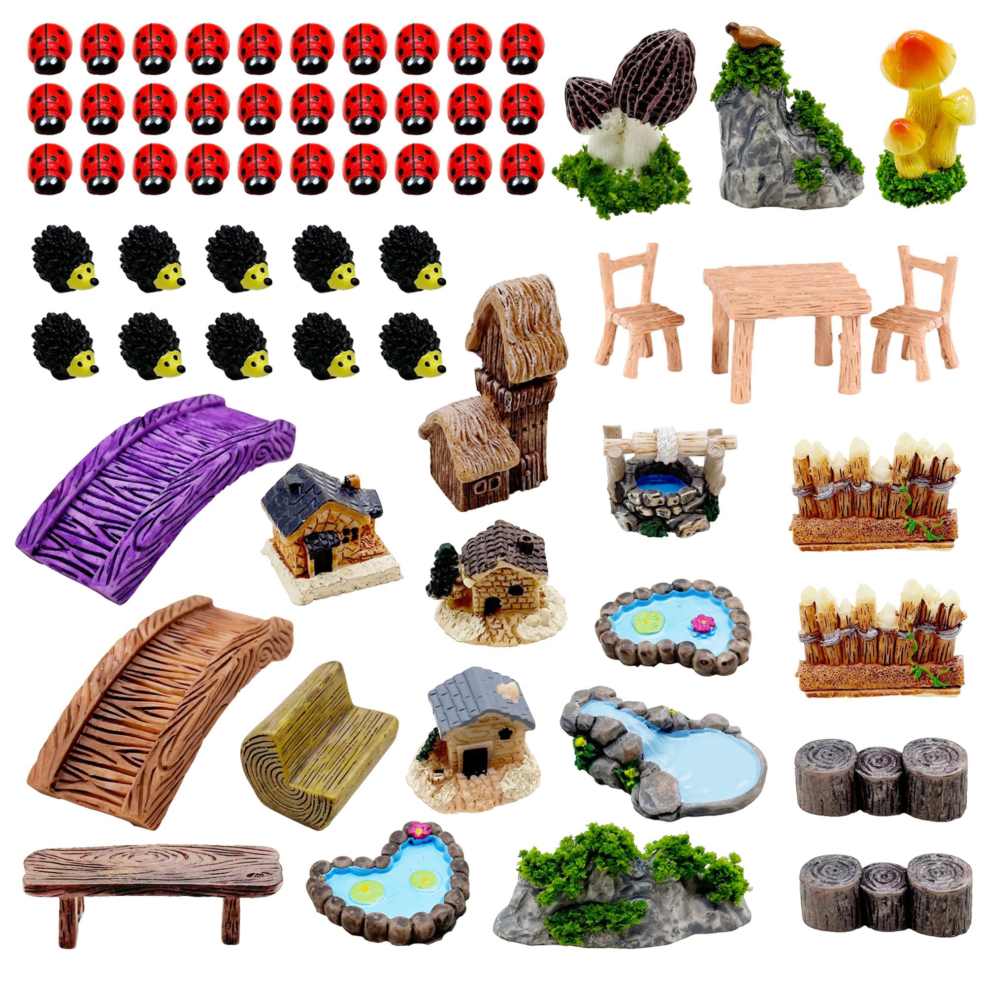 Attuslla 61 PCS Miniature Garden Ornaments, Miniature Garden Table, Chairs, Houses, Bridges, Fairy Garden Ornaments for Garden Home Micro Landscape Decoration