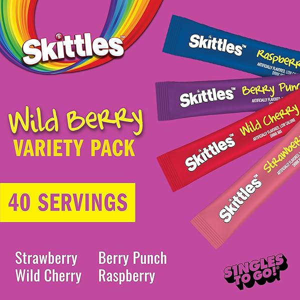 SKITTLES SINGLES TO GO WILD BERRY VARIETY PACK, WATERTOK POWDERED DRINK MIX, ZERO SUGAR, LOW CALORIE, INCLUDES 4 WILD BERRY FLAVORS, 1 BOX (40 SINGLE SERVINGS)