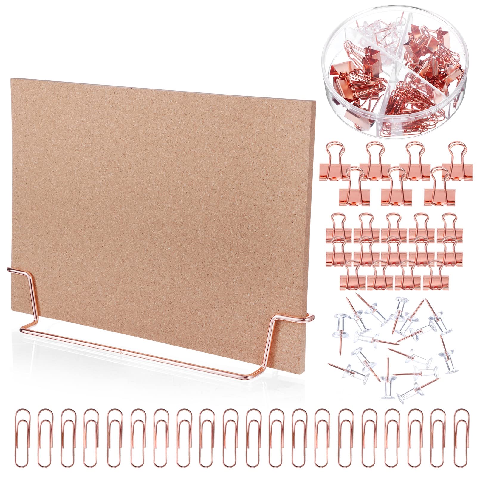 Photo 1 of **CORNER OF BOARD IS BROKEN*** 12.6 x 9 Inch Small Desktop Cork Board with Stand Rose Gold Bulletin Memo Message Picture Double Sided Pin Board for Office School Home with Binder Clips, Push Pins, Paperclips