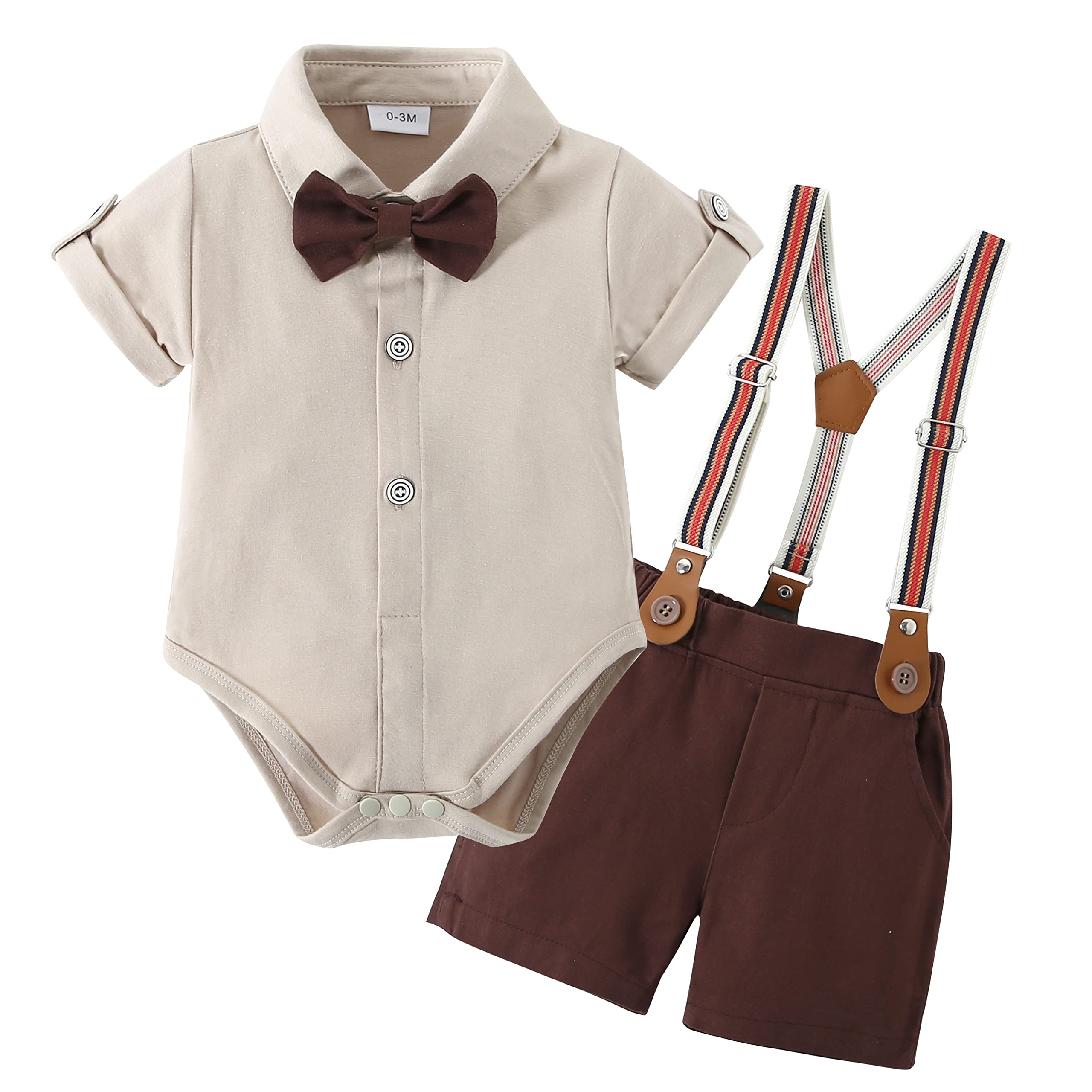 DISAUR Baby Boy Clothes Suits,Infant Gentleman Outfits Short Sleeves Romper +BowTie + Suspender Pants Wedding Set 0-18 Months