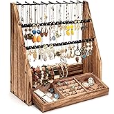 DGWJSU Jewelry Organizer Stand, 5 Layer Earring Holder Organizer with Necklace Holder, Rustic Wood Earring Organizer Display for Stud Earring Bracelet Necklace Ring, Watches