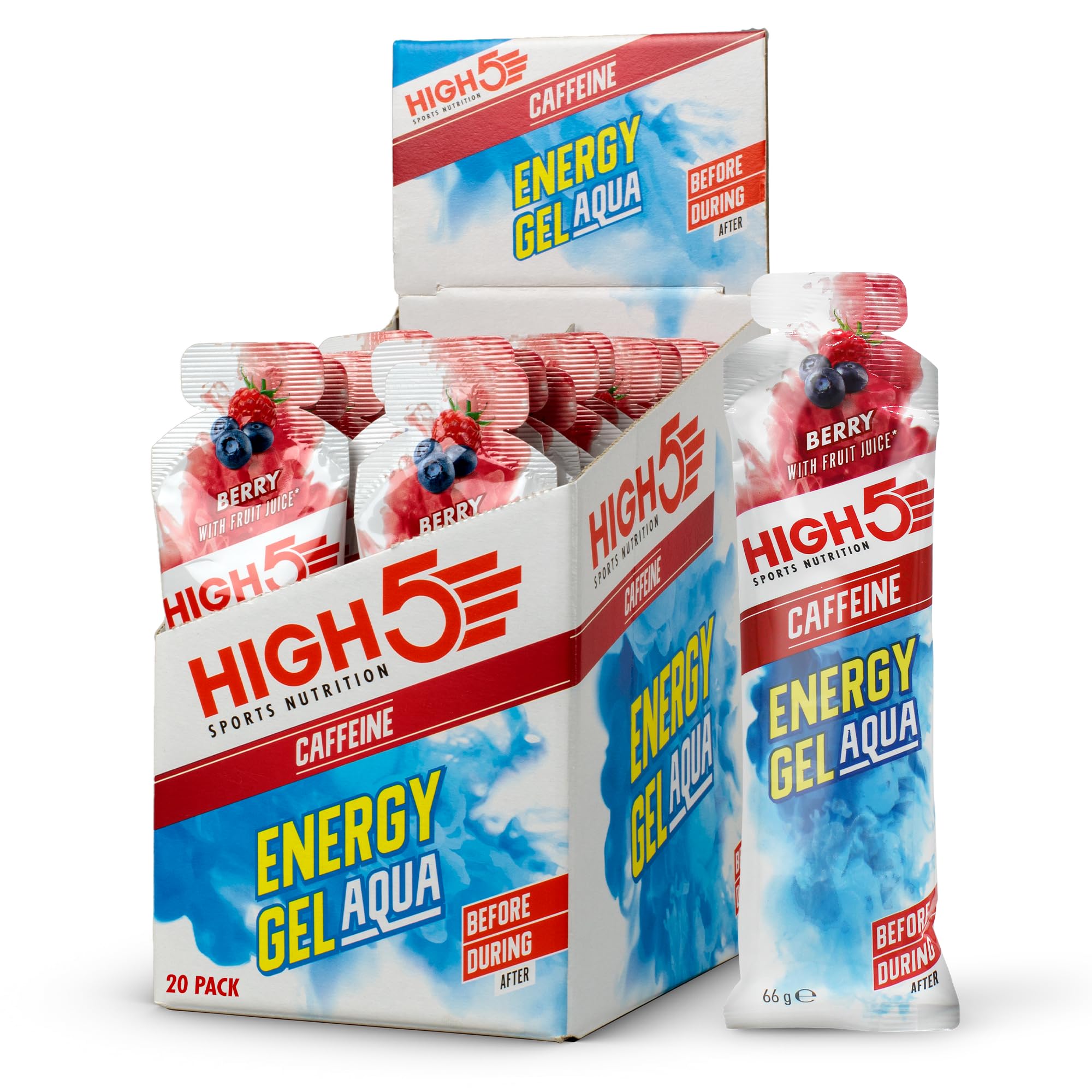 HIGH5 Aqua Caffeine Carbohydrate Gels - Running Supplements for Fast Energy - Natural Fruit Juice - Muscle Gel Endurance Fuel for Cycle Nutrition & Energy Gels for Hiking (Berry, 20 x 66g)