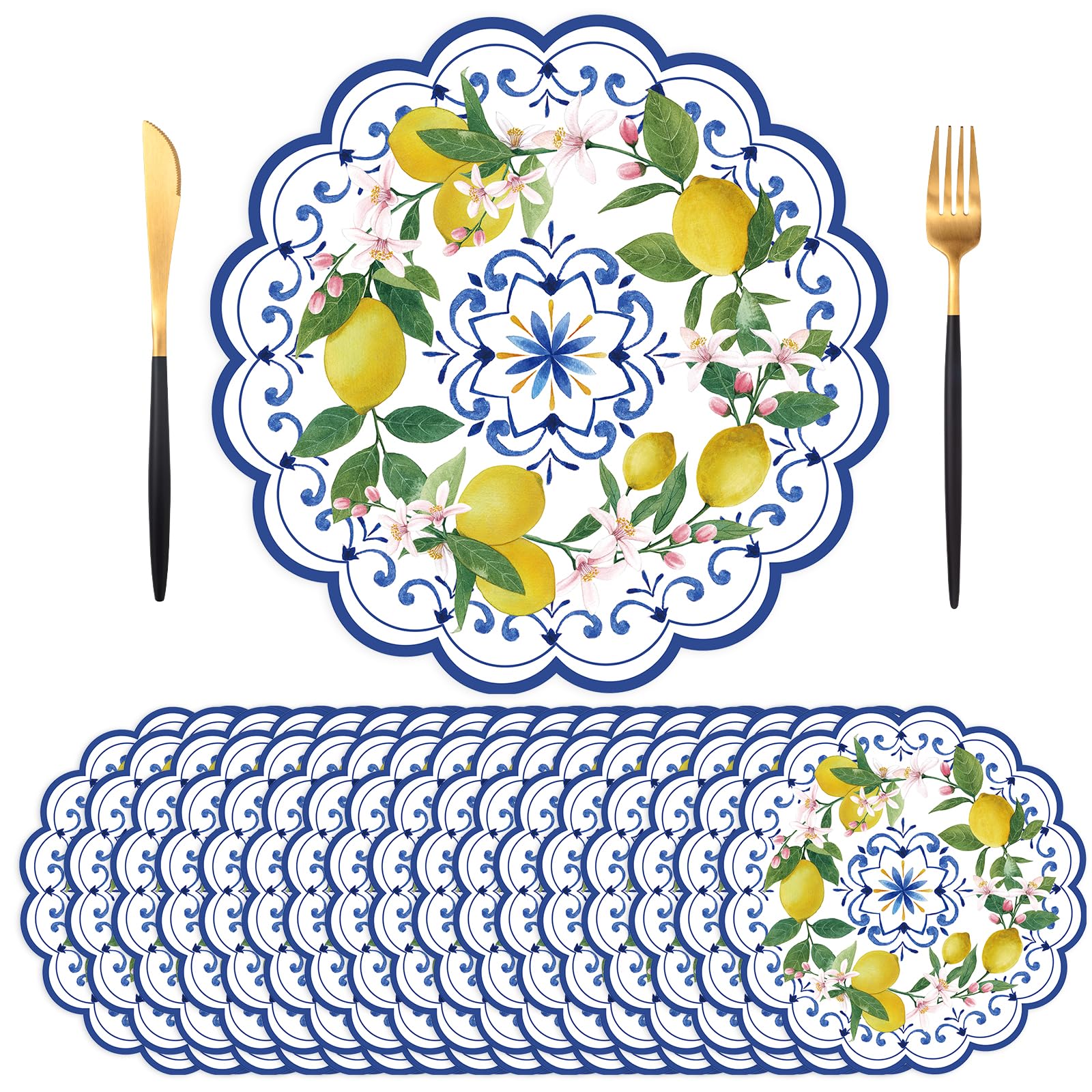 Photo 1 of 50 PCS Lemon Paper Placemats Disposable,13.7 Inch Blue Chinoiserie Lemon Floral Placemat Round Place Mats Summer Table Mats for Home Kitchen Dinner Table Dining Party Decoration