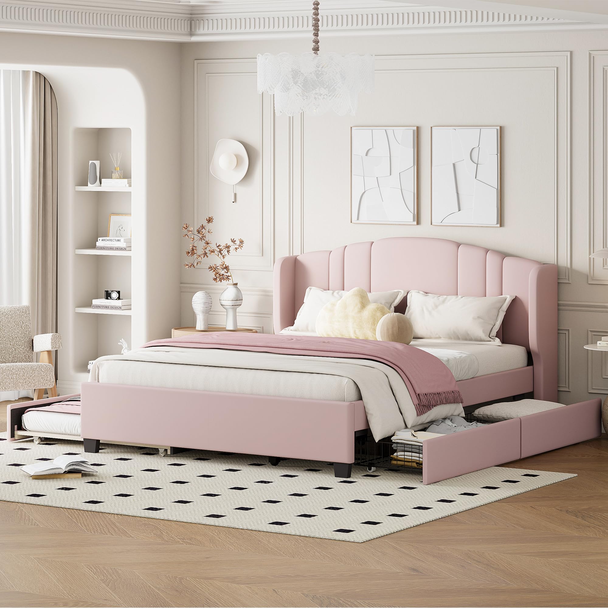 Photo 1 of ***2 BOX SET**
Ball & Cast Queen Size Bed Frame with Pull Out Trundle,Linen Upholstered Platform Bed with Wingback Headboard,Trundle Bed with Wood Slats Support,No Box Spring Needed,Pink