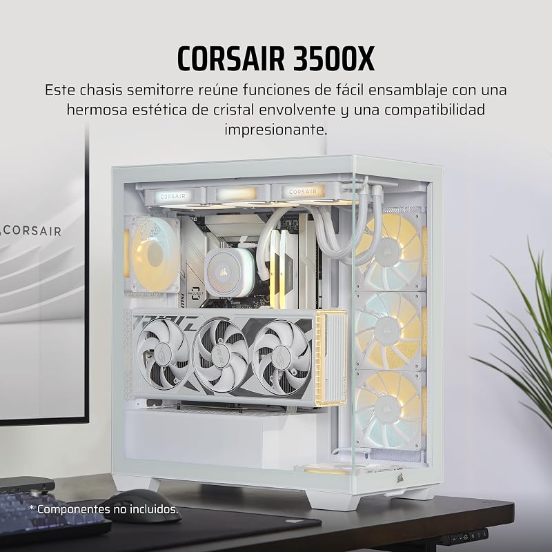 Caixa de PC ATX de meia-torre 3500X - Vidro Panorâmico Temperado - Ligação Reversa Compatível com Motherboard - Sem ventoinhas incluídas - Branco