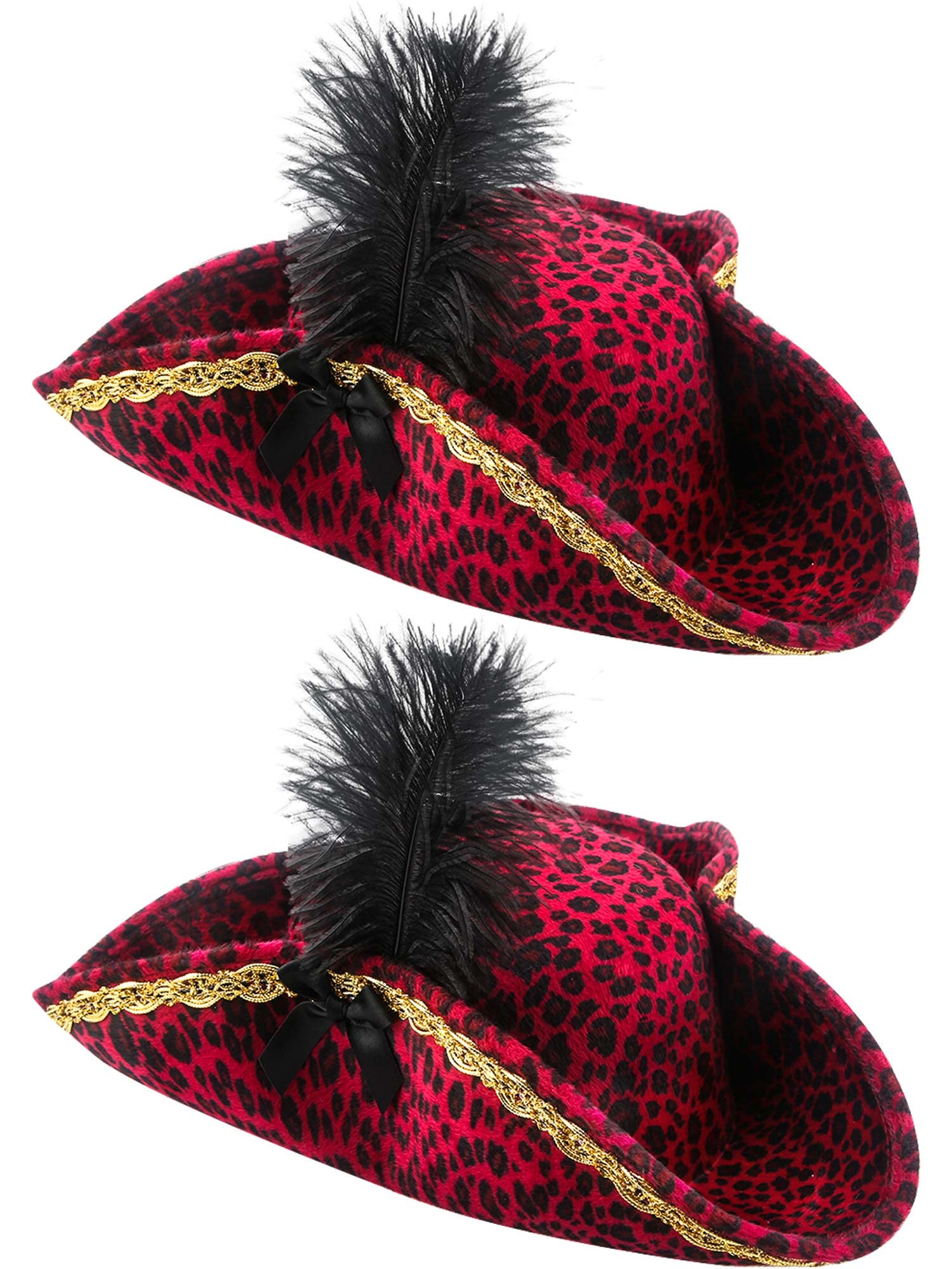 Haconba 2 Pack Pirate Tricorn Hat Buccaneer Novelty Pirate Ladies Hat with Feather for Pirate Theme Party Cosplay Masquerade Accessories, Red, L