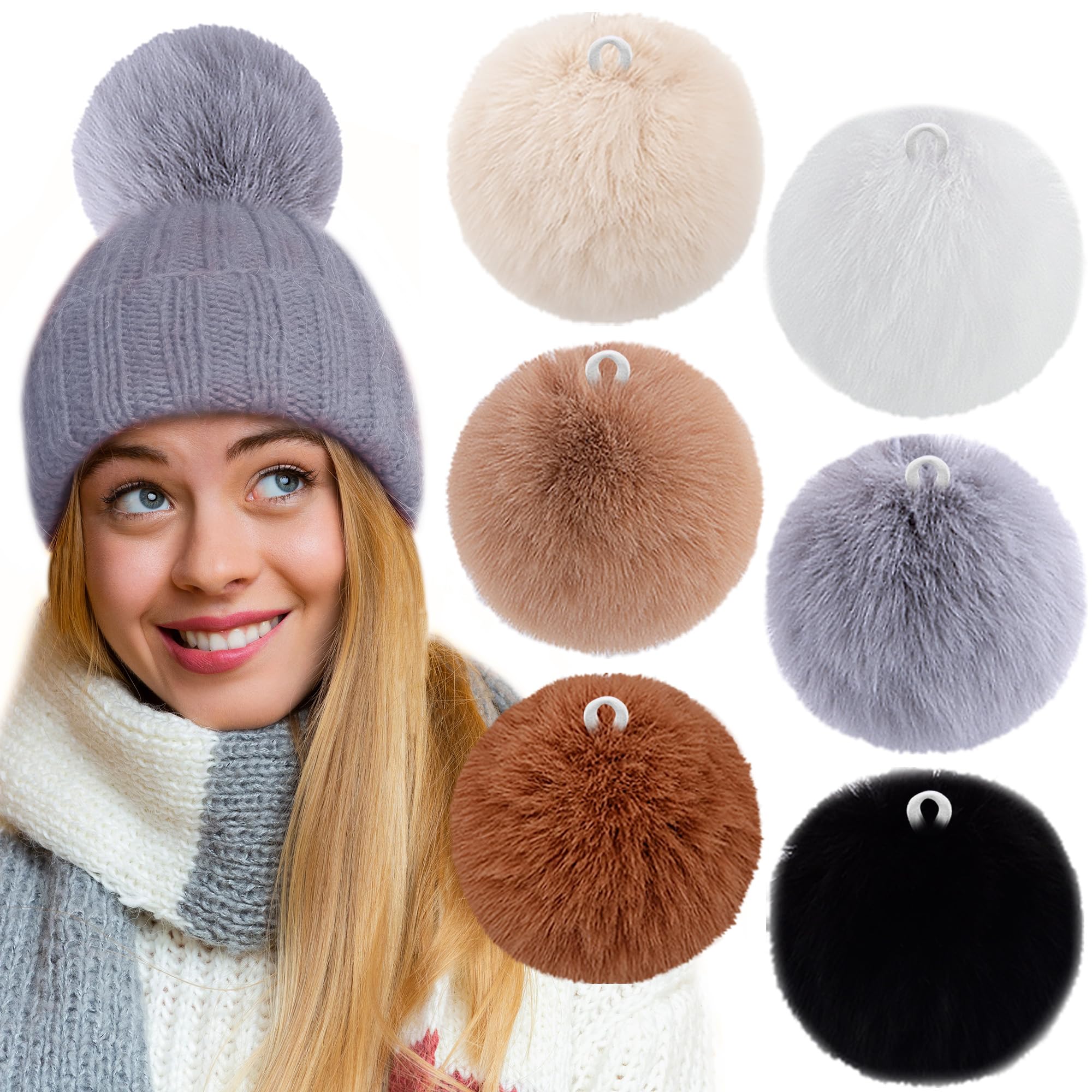 BQTQ 6 Pieces 4 Inch Faux Fur Pom Pom Balls with Elastic Loop Large Faux Rabbit Fur Fluffy Pom Pom for DIY Hats Beanie Shoes Scarves Gloves Bags Accessories