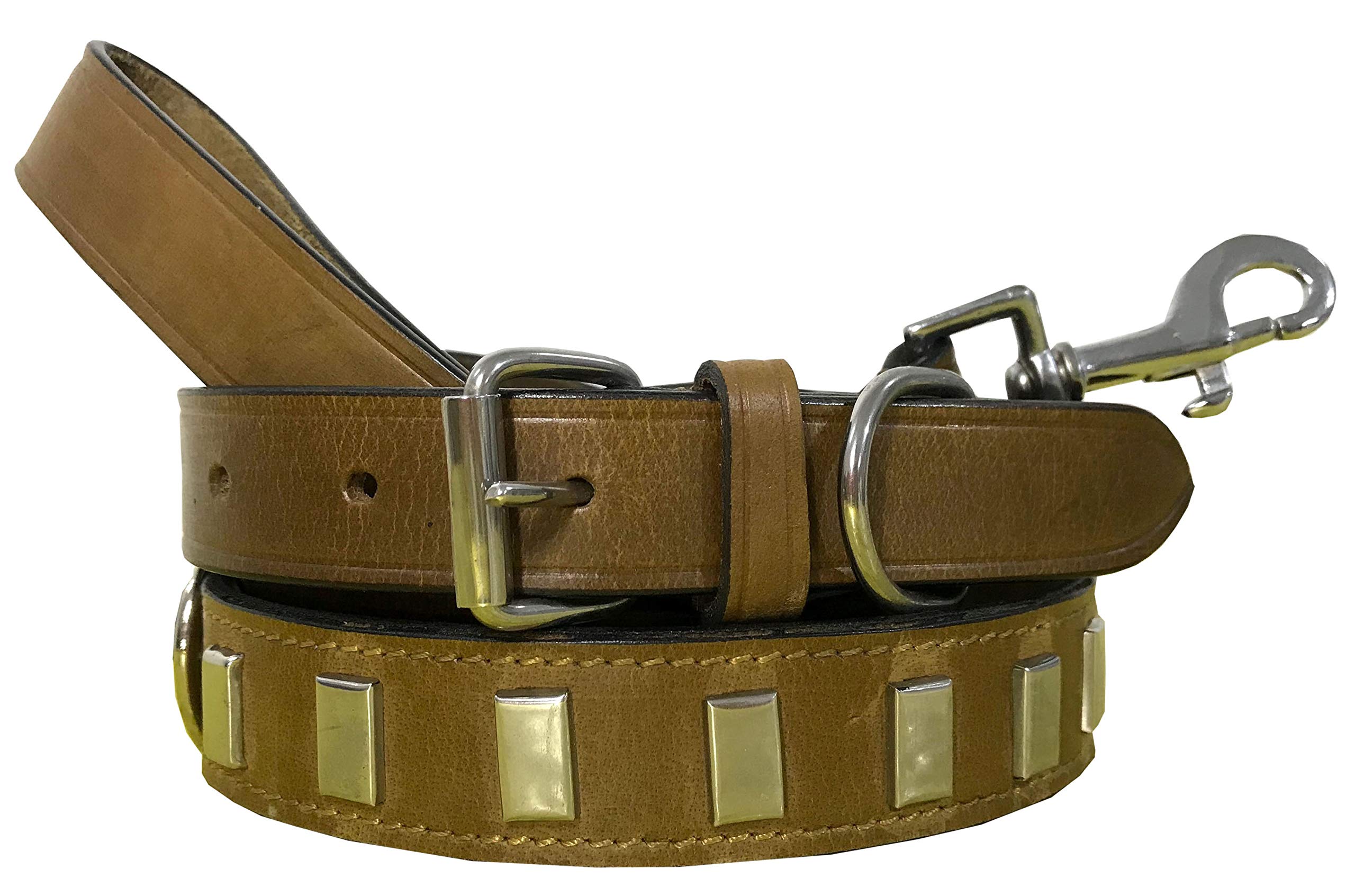 BRADLEY CROMPTON Genuine Leather Matching Pair Dog Collar and Lead Set (17-21 Inches, KhakiBrown)