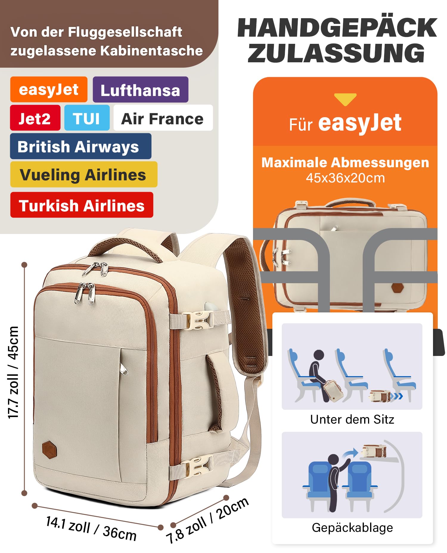 VANKEV für Easyjet Handgepäck 45x36x20 Laptop Rucksack Reiserucksack Handgepäck Tasche Rucksack 15.6 Zoll Laptop Backpack für Herren Damen Beige 3