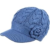 Womens Winter Elegant Cable Flower Knitted Newsboy Cabbie Cap Beret Beanie Hat with Visor, Warm Plush Fleece Lined