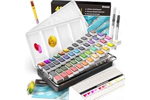 Emooqi Watercolor Paint Set, 48 Colors Including 6 Metallic Colors in Portable Box, Travel Watercolor Set with Watercolor Papers and Brushes, Water Color Kits for Beginners & Artists