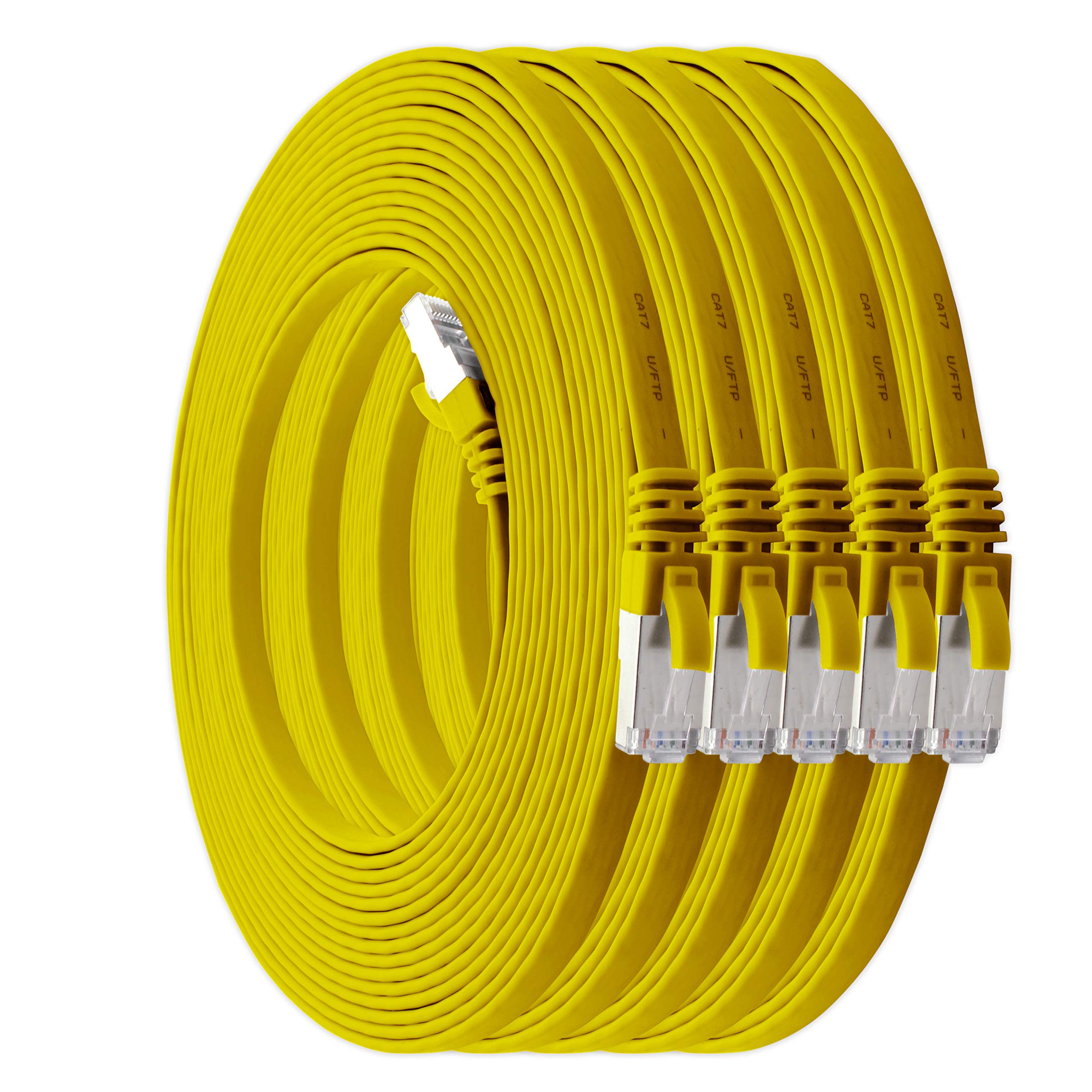 1aTTack.de 7.5 m - yellow - pack of 5 Cat7 flat cable network cable Cat 7 raw cable Gigabit Lan (10Gbit/s) ribbon cable installation cable patch cable flat slim Rj 45 plug Cat6a