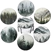 Whaline 6Pcs Forest Coasters with Holder Misty Forest Ceramic Drink Coasters Absorbent Round Cup Mat Tabletop Protection for Home Kitchen Office Desk Coffee Table Decor
