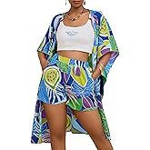 Bsubseach Two Piece Sets for Women Summer Kimono Cardigan and Shorts Set Tropical Print Beach Cover Up Vacation Outfits