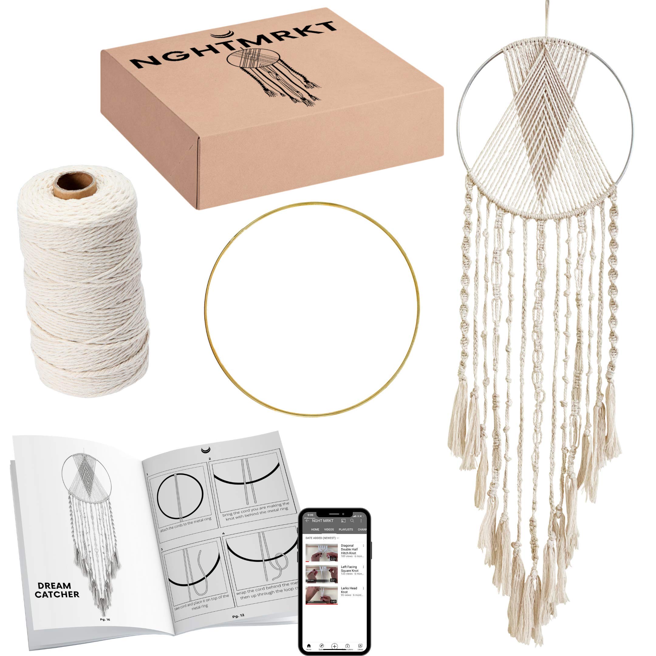 NGHTMRKT Macrame Kit DIY Dream Catcher Kit for Adults - Macrame Kits for Adults Beginners & Expert Crafters Macrame Supplies, Knotting Kit for Beginners - Includes Macrame Cord, Hoop, & Instructions